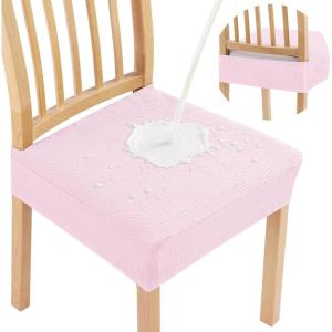 imageSmiry Waterproof Seat Covers for Dining Room Chairs Set of 4 Stretch Jacquard Removable Washable Chair Seat Slipcovers Protector No Rear Covers BeigePink