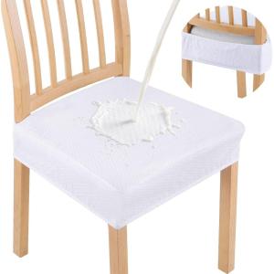 imageSmiry Waterproof Seat Covers for Dining Room Chairs Set of 4 Stretch Jacquard Removable Washable Chair Seat Slipcovers Protector No Rear Covers BeigeWhite