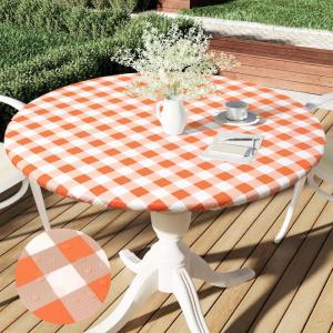 imageSmiry Round Picnic Table Cloth Elastic Waterproof Fitted Vinyl Tablecloth for 36quot44quot Tables Flannel Backed Buffalo Plaid Table Covers for Dining Camping Outdoor Black and WhiteOrange and White