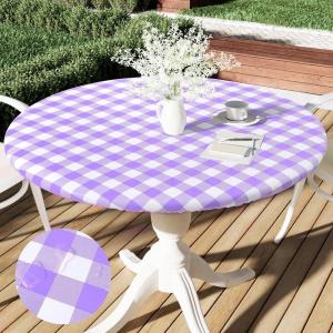 imageSmiry Round Picnic Table Cloth Elastic Waterproof Fitted Vinyl Tablecloth for 36quot44quot Tables Flannel Backed Buffalo Plaid Table Covers for Dining Camping Outdoor Black and WhitePurple and White