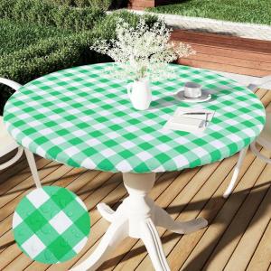 imageSmiry Round Picnic Table Cloth Elastic Waterproof Fitted Vinyl Tablecloth for 36quot44quot Tables Flannel Backed Buffalo Plaid Table Covers for Dining Camping Outdoor Black and WhiteLight Green