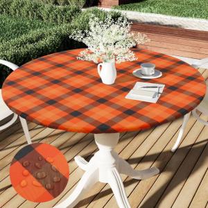 imageSmiry Round Picnic Table Cloth Elastic Waterproof Fitted Vinyl Tablecloth for 36quot44quot Tables Flannel Backed Buffalo Plaid Table Covers for Dining Camping Outdoor Black and WhiteOrange and Yellow