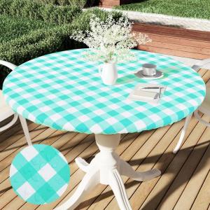 imageSmiry Round Picnic Table Cloth Elastic Waterproof Fitted Vinyl Tablecloth for 36quot44quot Tables Flannel Backed Buffalo Plaid Table Covers for Dining Camping Outdoor Black and WhiteTeal and White