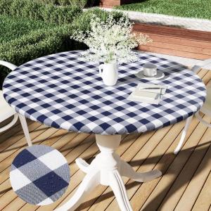 imageSmiry Round Picnic Table Cloth Elastic Waterproof Fitted Vinyl Tablecloth for 36quot44quot Tables Flannel Backed Buffalo Plaid Table Covers for Dining Camping Outdoor Black and WhiteNavy and White