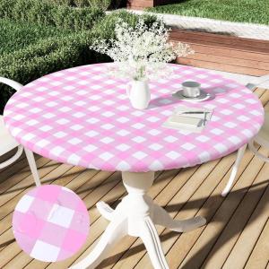 imageSmiry Round Picnic Table Cloth Elastic Waterproof Fitted Vinyl Tablecloth for 36quot44quot Tables Flannel Backed Buffalo Plaid Table Covers for Dining Camping Outdoor Black and WhitePink and White