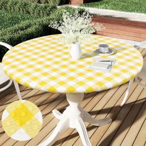 imageSmiry Round Picnic Table Cloth Elastic Waterproof Fitted Vinyl Tablecloth for 36quot44quot Tables Flannel Backed Buffalo Plaid Table Covers for Dining Camping Outdoor Black and WhiteYellow and White