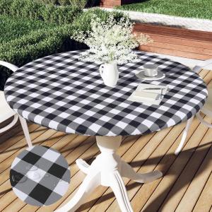 imageSmiry Round Picnic Table Cloth Elastic Waterproof Fitted Vinyl Tablecloth for 36quot44quot Tables Flannel Backed Buffalo Plaid Table Covers for Dining Camping Outdoor Black and WhiteBlack and White