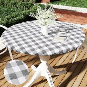 imageSmiry Round Picnic Table Cloth Elastic Waterproof Fitted Vinyl Tablecloth for 36quot44quot Tables Flannel Backed Buffalo Plaid Table Covers for Dining Camping Outdoor Black and WhiteGrey and White