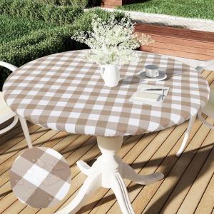 imageSmiry Round Picnic Table Cloth Elastic Waterproof Fitted Vinyl Tablecloth for 36quot44quot Tables Flannel Backed Buffalo Plaid Table Covers for Dining Camping Outdoor Black and WhiteKhaki and White