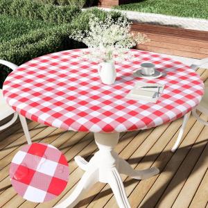 imageSmiry Round Picnic Table Cloth Elastic Waterproof Fitted Vinyl Tablecloth for 36quot44quot Tables Flannel Backed Buffalo Plaid Table Covers for Dining Camping Outdoor Black and WhiteRed and White