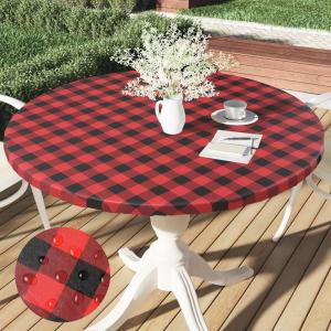 imageSmiry Round Picnic Table Cloth Elastic Waterproof Fitted Vinyl Tablecloth for 36quot44quot Tables Flannel Backed Buffalo Plaid Table Covers for Dining Camping Outdoor Black and WhiteRed and Black