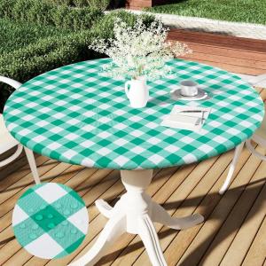 imageSmiry Round Picnic Table Cloth Elastic Waterproof Fitted Vinyl Tablecloth for 36quot44quot Tables Flannel Backed Buffalo Plaid Table Covers for Dining Camping Outdoor Black and WhiteGreen and White