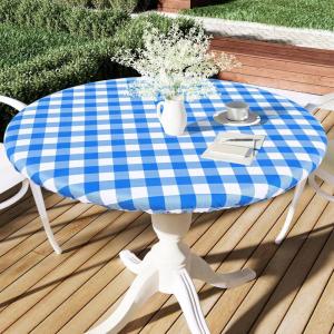 imageSmiry Round Picnic Table Cloth Elastic Waterproof Fitted Vinyl Tablecloth for 36quot44quot Tables Flannel Backed Buffalo Plaid Table Covers for Dining Camping Outdoor Black and WhiteBlue and White