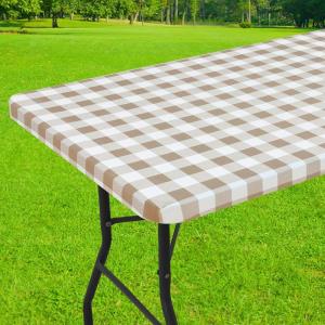 imageSmiry Rectangle Picnic Table Cloth Elastic Waterproof Fitted Vinyl Tablecloth for 6 FT Tables Flannel Backed Buffalo Plaid Table Covers for Dining Camping Outdoor Black and White 30quot x 72quotKhaki and White