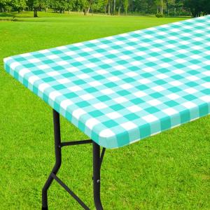 imageSmiry Rectangle Picnic Table Cloth Elastic Waterproof Fitted Vinyl Tablecloth for 6 FT Tables Flannel Backed Buffalo Plaid Table Covers for Dining Camping Outdoor Black and White 30quot x 72quotTeal and White