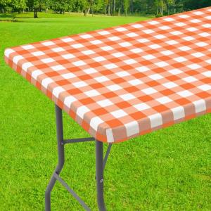imageSmiry Rectangle Picnic Table Cloth Elastic Waterproof Fitted Vinyl Tablecloth for 6 FT Tables Flannel Backed Buffalo Plaid Table Covers for Dining Camping Outdoor Black and White 30quot x 72quotOrange and White