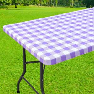 imageSmiry Rectangle Picnic Table Cloth Elastic Waterproof Fitted Vinyl Tablecloth for 6 FT Tables Flannel Backed Buffalo Plaid Table Covers for Dining Camping Outdoor Black and White 30quot x 72quotPurple and White