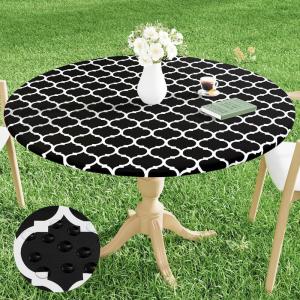 imageSmiry Round Picnic Tablecloth Waterproof Elastic Fitted Table Covers for 36quot  44quot Tables Wipeable Flannel Backed Vinyl Tablecloths for Camping Indoor Outdoor Grey ampamp WhiteBlack  White