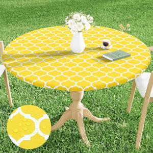 imageSmiry Round Picnic Tablecloth Waterproof Elastic Fitted Table Covers for 36quot  44quot Tables Wipeable Flannel Backed Vinyl Tablecloths for Camping Indoor Outdoor Grey ampamp WhiteYellow  White