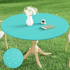 imageSmiry Round Picnic Tablecloth Waterproof Elastic Fitted Table Covers for 36quot  44quot Tables Wipeable Flannel Backed Vinyl Tablecloths for Camping Indoor Outdoor Grey ampamp WhiteTeal