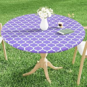 imageSmiry Round Picnic Tablecloth Waterproof Elastic Fitted Table Covers for 36quot  44quot Tables Wipeable Flannel Backed Vinyl Tablecloths for Camping Indoor Outdoor Grey ampamp WhiteLavender  White