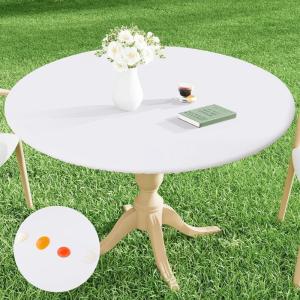 imageSmiry Round Picnic Tablecloth Waterproof Elastic Fitted Table Covers for 36quot  44quot Tables Wipeable Flannel Backed Vinyl Tablecloths for Camping Indoor Outdoor Grey ampamp WhiteWhite
