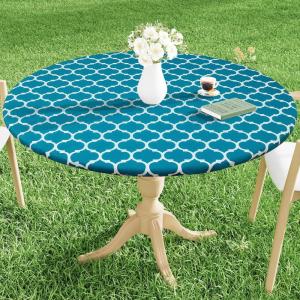 imageSmiry Round Picnic Tablecloth Waterproof Elastic Fitted Table Covers for 36quot  44quot Tables Wipeable Flannel Backed Vinyl Tablecloths for Camping Indoor Outdoor Grey ampamp WhiteTurquoise  White