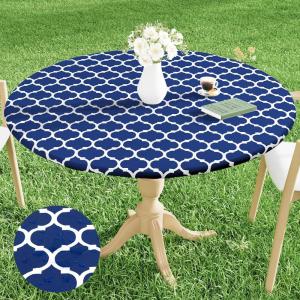 imageSmiry Round Picnic Tablecloth Waterproof Elastic Fitted Table Covers for 36quot  44quot Tables Wipeable Flannel Backed Vinyl Tablecloths for Camping Indoor Outdoor Grey ampamp WhiteNavy  White