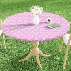 imageSmiry Round Picnic Tablecloth Waterproof Elastic Fitted Table Covers for 36quot  44quot Tables Wipeable Flannel Backed Vinyl Tablecloths for Camping Indoor Outdoor Grey ampamp WhitePink  White