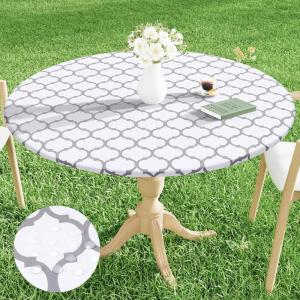 imageSmiry Round Picnic Tablecloth Waterproof Elastic Fitted Table Covers for 36quot  44quot Tables Wipeable Flannel Backed Vinyl Tablecloths for Camping Indoor Outdoor Grey ampamp WhiteWhite  Dark Grey