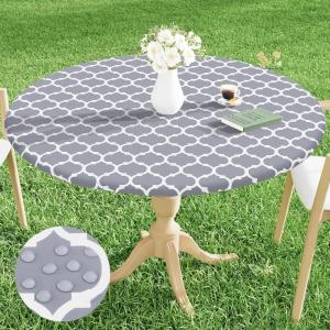 imageSmiry Round Picnic Tablecloth Waterproof Elastic Fitted Table Covers for 36quot  44quot Tables Wipeable Flannel Backed Vinyl Tablecloths for Camping Indoor Outdoor Grey ampamp WhiteGrey  White