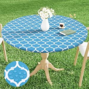 imageSmiry Round Picnic Tablecloth Waterproof Elastic Fitted Table Covers for 36quot  44quot Tables Wipeable Flannel Backed Vinyl Tablecloths for Camping Indoor Outdoor Grey ampamp WhiteLight Blue  White