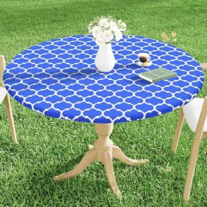 imageSmiry Round Picnic Tablecloth Waterproof Elastic Fitted Table Covers for 36quot  44quot Tables Wipeable Flannel Backed Vinyl Tablecloths for Camping Indoor Outdoor Grey ampamp WhiteBlue  White