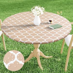 imageSmiry Round Picnic Tablecloth Waterproof Elastic Fitted Table Covers for 36quot  44quot Tables Wipeable Flannel Backed Vinyl Tablecloths for Camping Indoor Outdoor Grey ampamp WhiteKhaki  White