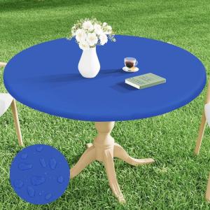 imageSmiry Round Picnic Tablecloth Waterproof Elastic Fitted Table Covers for 36quot  44quot Tables Wipeable Flannel Backed Vinyl Tablecloths for Camping Indoor Outdoor Grey ampamp WhiteBlue