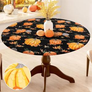 imageSmiry Plastic Thanksgiving Tablecloth Fall Pumpkin Waterproof Elastic Fitted Table Covers for 36quot  44quot Tables Wipeable Flannel Backed Vinyl Tablecloths for Autumn Harvest Parties BlackBlack  Orange