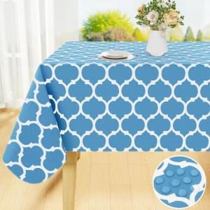 imageSmiry Rectangle Table Cloth Waterproof Vinyl Tablecloth with Flannel Backing for Rectangle Tables Wipeable Spillproof Plastic Tablecloths for Dining Camping Indoor and Outdoor 60quotx84quot KhakiLight Blue