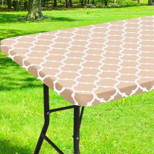 imageSmiry Rectangle Picnic Table Cover Waterproof Elastic Fitted Camping Tablecloths for 6 Foot Tables Wipeable Flannel Backed Vinyl Tablecloth Protector for Indoor Outdoor Coffee 30x72 InchesKhaki