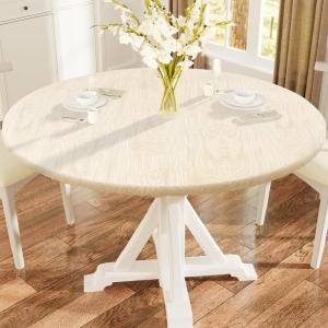 imageSmiry Round Picnic Tablecloth Waterproof Elastic Fitted Table Covers for 36quot  44quot Tables Wipeable Flannel Backed Vinyl Tablecloths for Camping Indoor Outdoor Coffee ampamp WhiteBeige