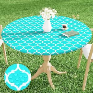 imageSmiry Round Picnic Tablecloth Waterproof Elastic Fitted Table Covers for 45quot  56quot Tables Wipeable Flannel Backed Vinyl Tablecloths for Camping Indoor Outdoor Black ampamp WhiteTeal  White