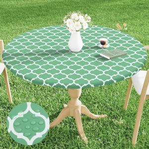 imageSmiry Round Picnic Tablecloth Waterproof Elastic Fitted Table Covers for 45quot  56quot Tables Wipeable Flannel Backed Vinyl Tablecloths for Camping Indoor Outdoor Black ampamp WhiteSage Green  White