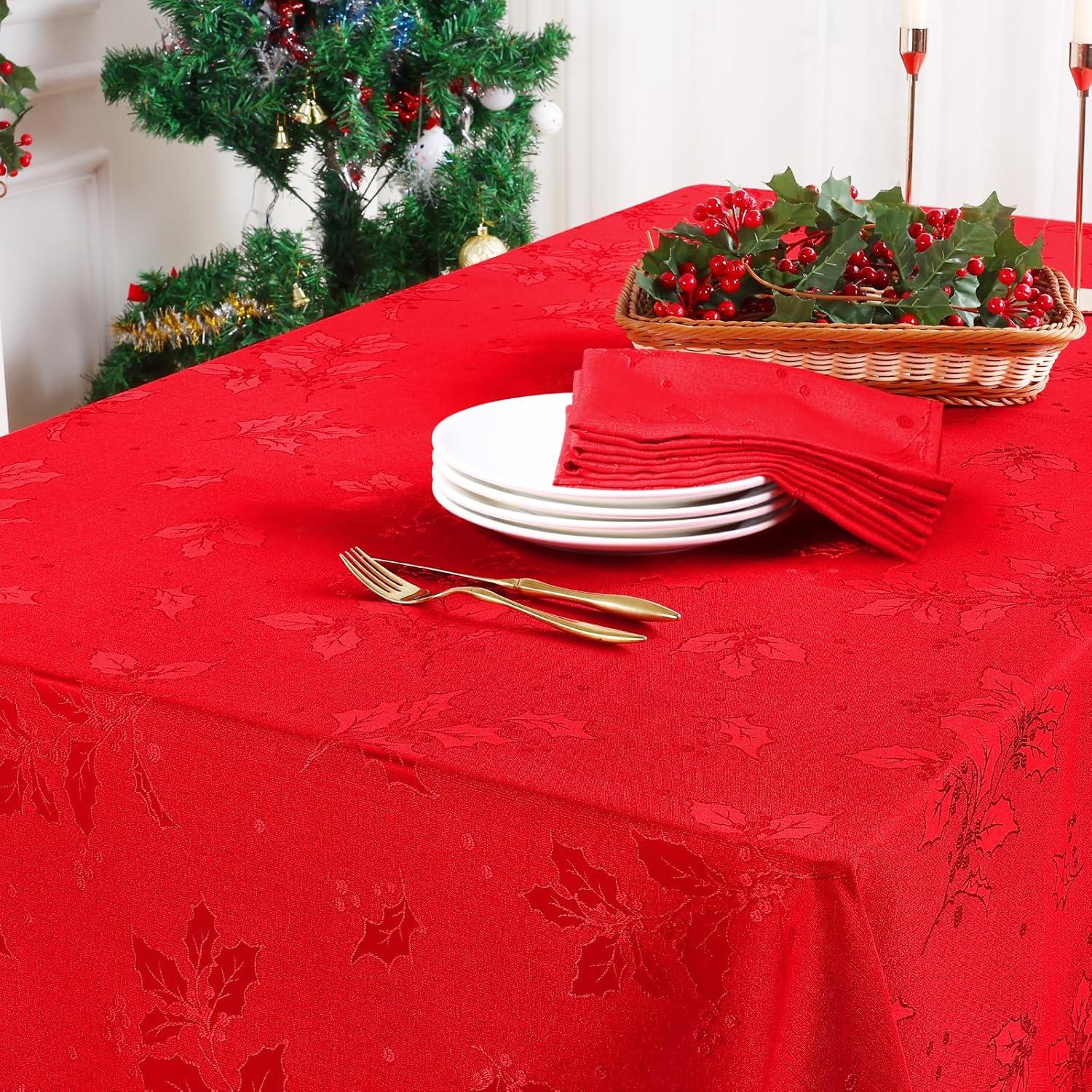 imageSmiry Rectangle Christmas Red Tablecloth 60x84 Inch Waterproof Damask Table Cloth Holly Patterns Fabric Table Covers for Christmas Dinner and New Year Celebration BurgundyBurgundy
