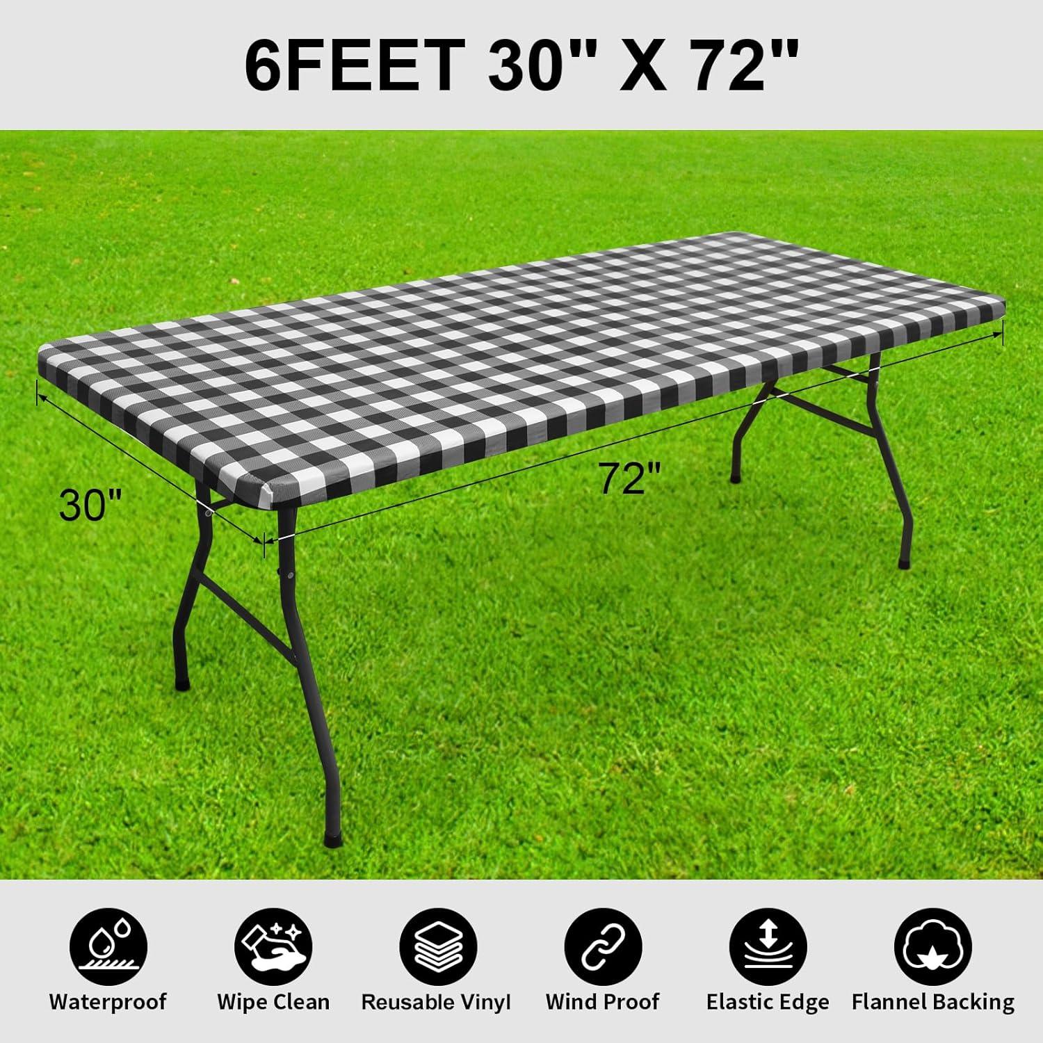 imageSmiry Rectangle Picnic Table Cloth Elastic Waterproof Fitted Vinyl Tablecloth for 4 FT Tables Flannel Backed Buffalo Plaid Table Covers for Dining Camping Outdoor White and Grey 30quot x 48quotBlack and White