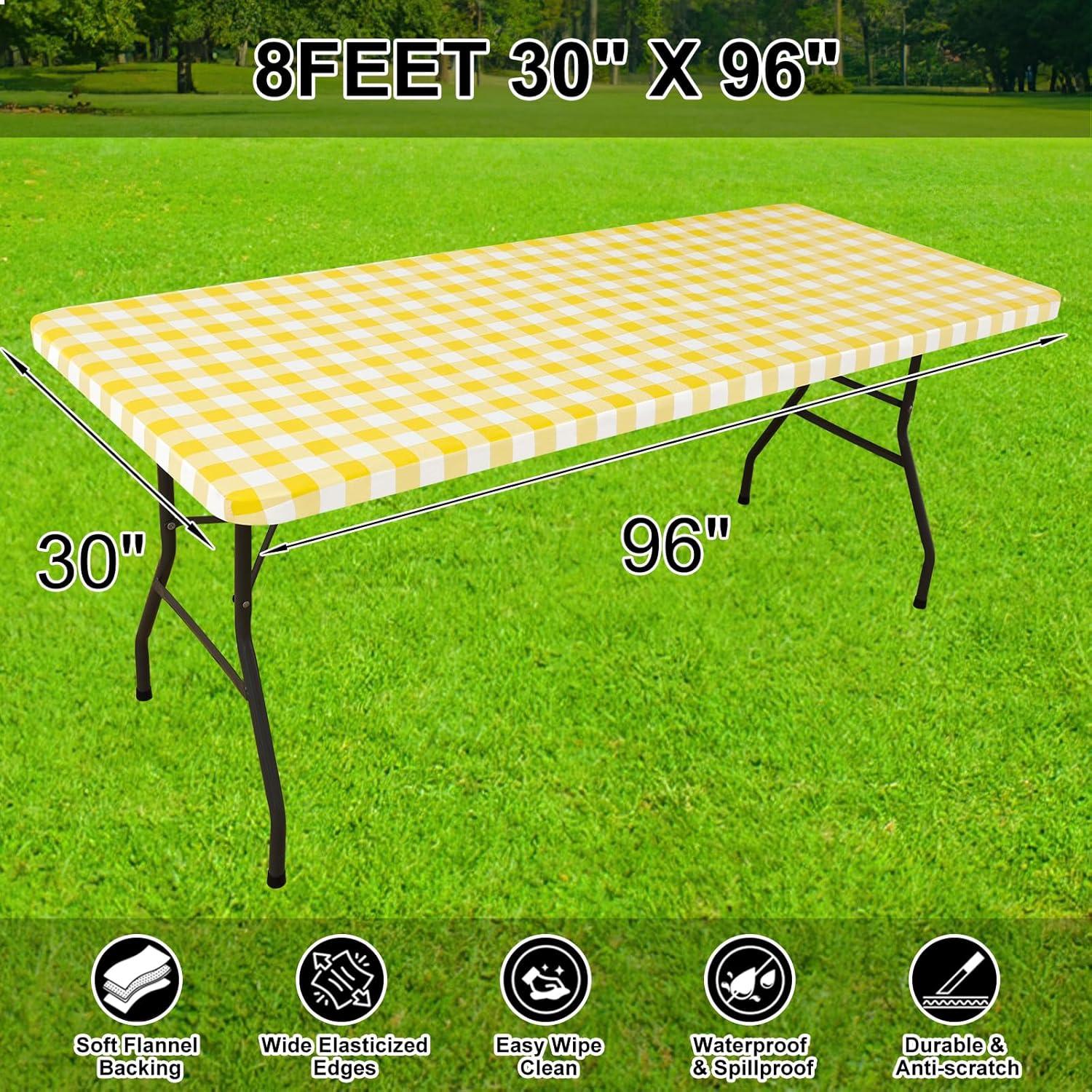 imageSmiry Rectangle Picnic Table Cloth Elastic Waterproof Fitted Vinyl Tablecloth for 4 FT Tables Flannel Backed Buffalo Plaid Table Covers for Dining Camping Outdoor White and Grey 30quot x 48quotYellow and White