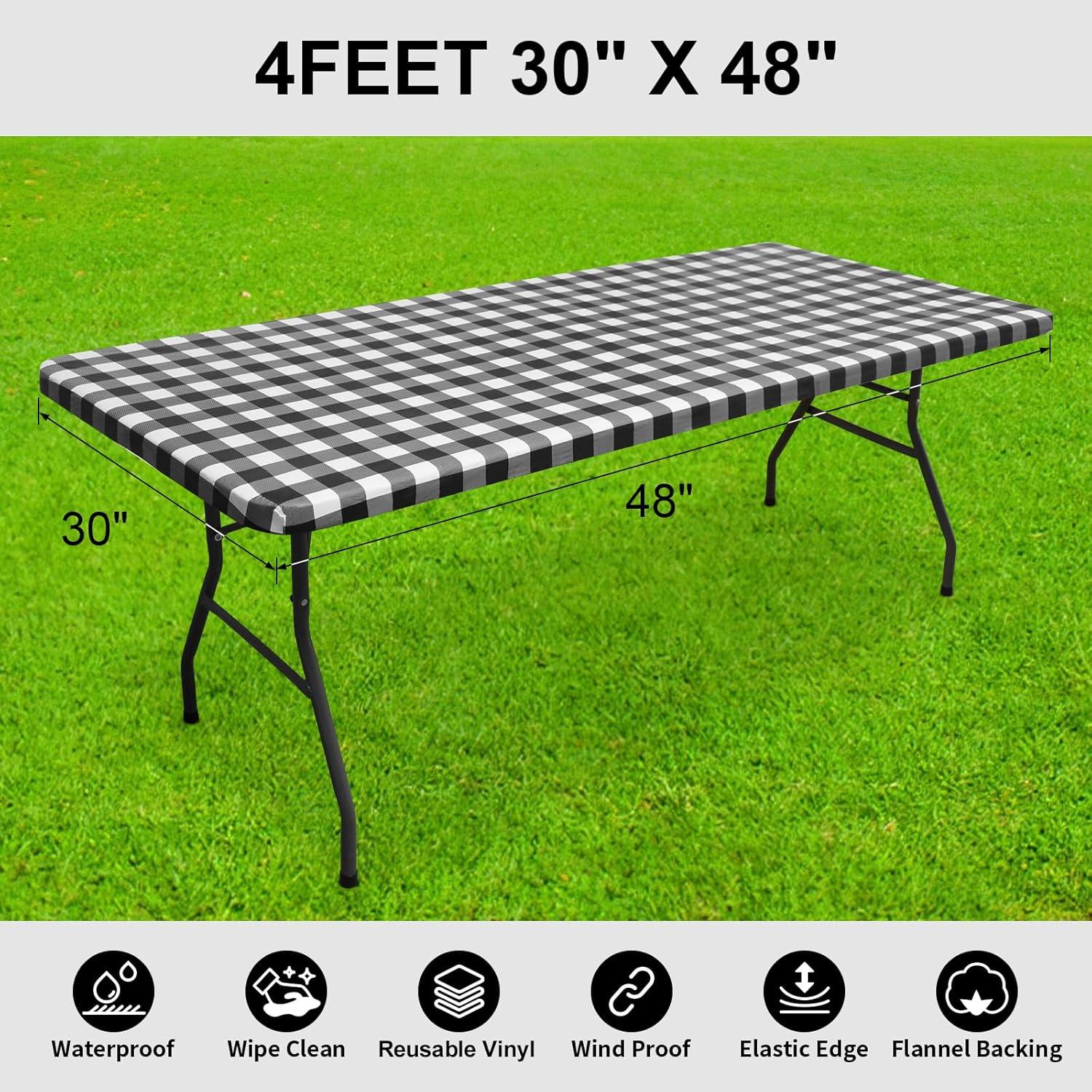 imageSmiry Rectangle Picnic Table Cloth Elastic Waterproof Fitted Vinyl Tablecloth for 4 FT Tables Flannel Backed Buffalo Plaid Table Covers for Dining Camping Outdoor White and Grey 30quot x 48quotBlack and White
