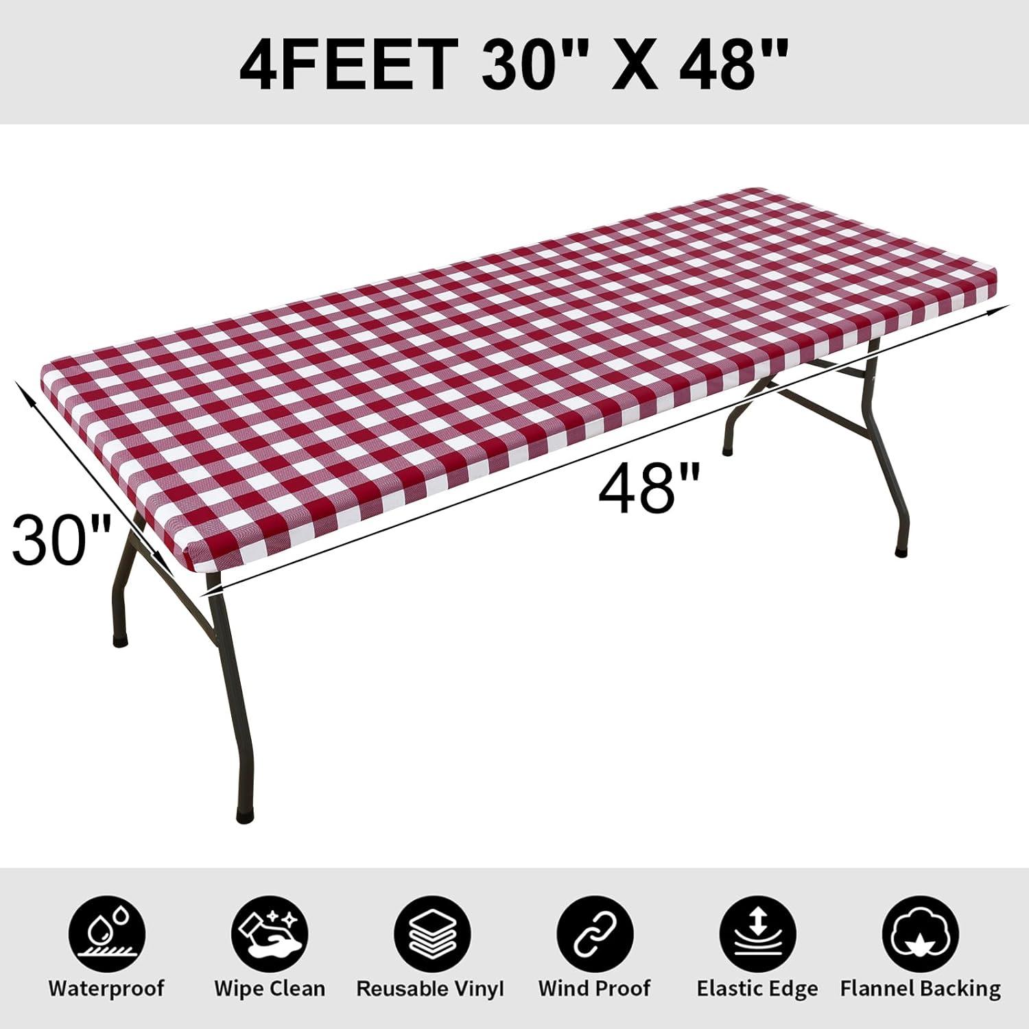 imageSmiry Rectangle Picnic Table Cloth Elastic Waterproof Fitted Vinyl Tablecloth for 4 FT Tables Flannel Backed Buffalo Plaid Table Covers for Dining Camping Outdoor White and Grey 30quot x 48quotBurgundy and White
