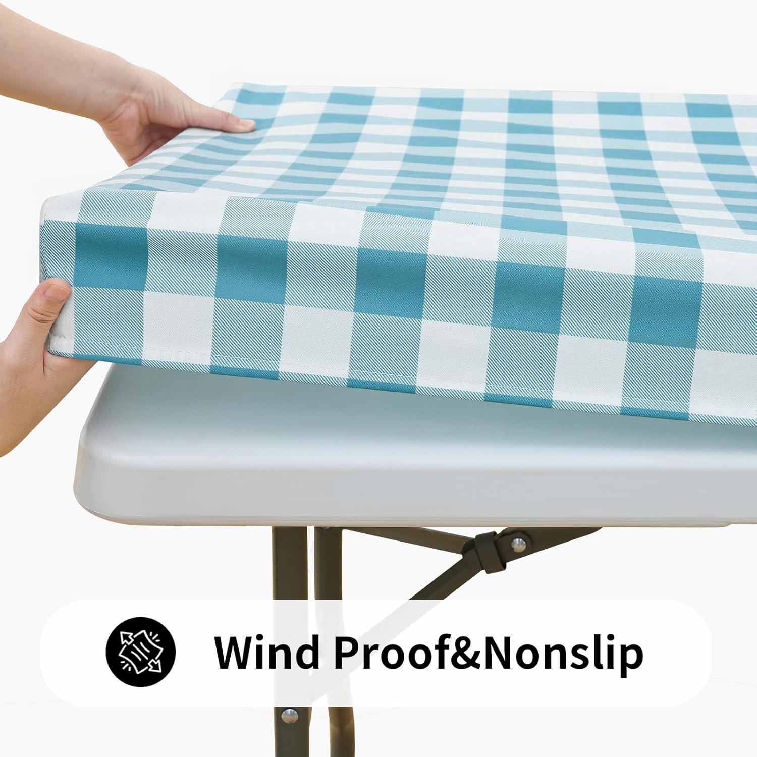 imageSmiry Rectangle Picnic Table Cloth Elastic Waterproof Fitted Vinyl Tablecloth for 4 FT Tables Flannel Backed Buffalo Plaid Table Covers for Dining Camping Outdoor White and Grey 30quot x 48quotAqua and White