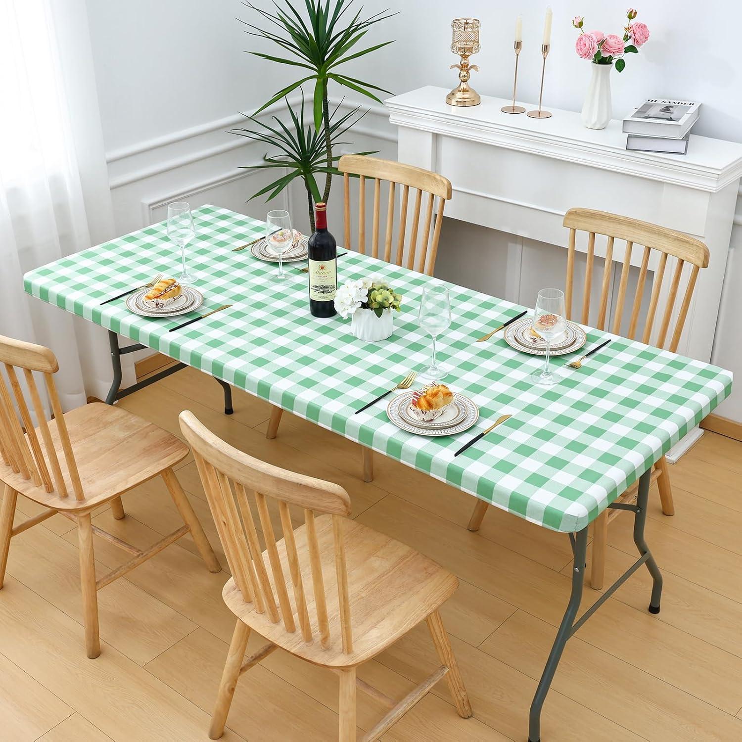 imageSmiry Rectangle Picnic Table Cloth Elastic Waterproof Fitted Vinyl Tablecloth for 4 FT Tables Flannel Backed Buffalo Plaid Table Covers for Dining Camping Outdoor White and Grey 30quot x 48quotSage Green and White