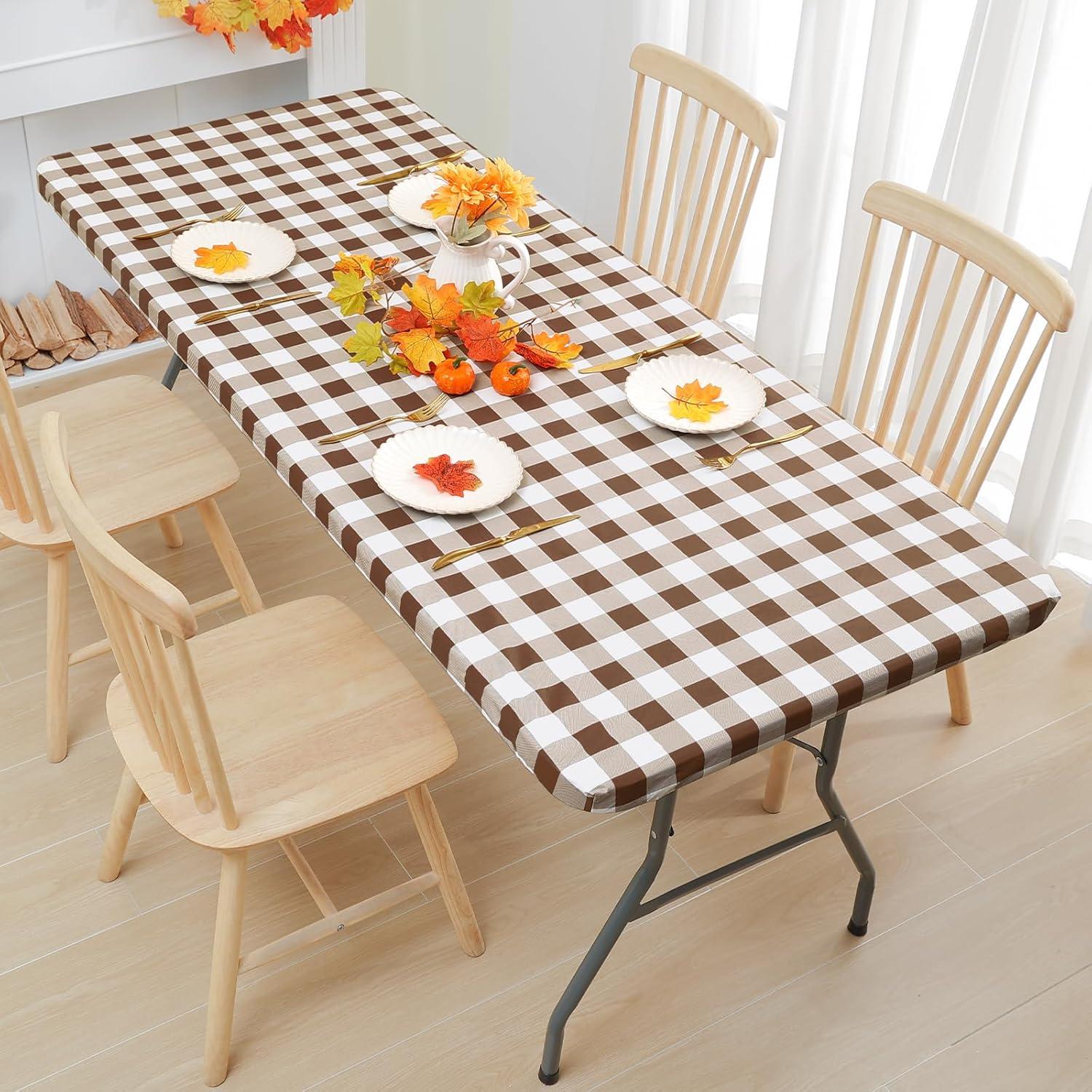 imageSmiry Rectangle Picnic Table Cloth Elastic Waterproof Fitted Vinyl Tablecloth for 4 FT Tables Flannel Backed Buffalo Plaid Table Covers for Dining Camping Outdoor White and Grey 30quot x 48quotBrown and White