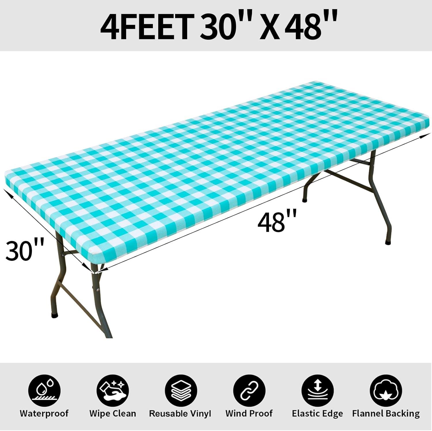 imageSmiry Rectangle Picnic Table Cloth Elastic Waterproof Fitted Vinyl Tablecloth for 4 FT Tables Flannel Backed Buffalo Plaid Table Covers for Dining Camping Outdoor White and Grey 30quot x 48quotTeal and White